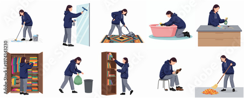 Flat Illustration Set of Woman Doing Home Cleaning and Housekeeping Chore