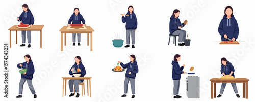 Flat Cartoon Style Woman Cooking Preparation and Recipe Steps Illustration