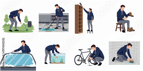Flat Illustration of Man Doing Different Household Chores Activity Set