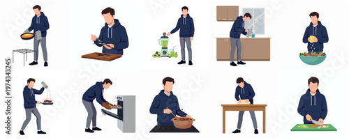 Simple Flat Illustration of Man in Different Cooking Activities Set