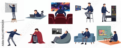 Diverse Indoor Activities Illustration of a Man in Different Home Scenarios