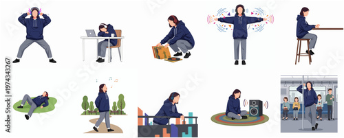 Simple Flat Illustration of Young Woman in Various Activities and Moods