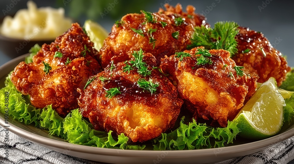 Fototapeta premium Crispy Golden Brown Fried Fritters Served on a Bed of Fresh Green Lettuce Slices with Lime Wedges and Garnished with Fresh Green Herbs