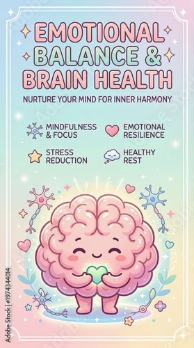 Emotional Balance and Brain Health Poster with Cute Brain Character