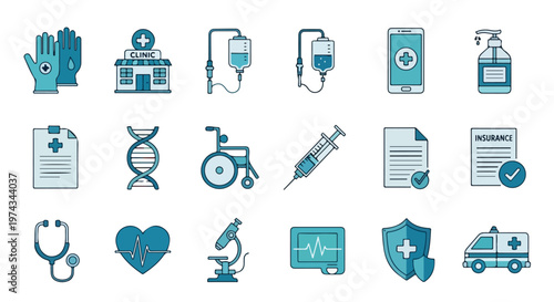 This set of professional medical icons features essential healthcare symbols like a clinic, ambulance, and stethoscope in a blue color scheme.