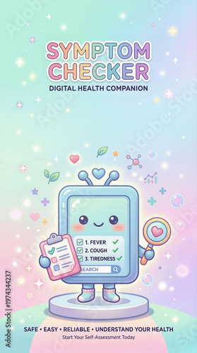 Symptom Checker Digital Health Poster with Cute Tablet Character