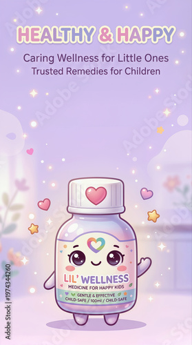 Healthy and Happy Kids Wellness Medicine Bottle Character for Pediatric Care Design