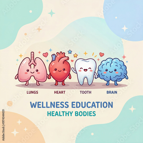 Wellness Education Healthy Bodies Poster with Cute Organ Characters