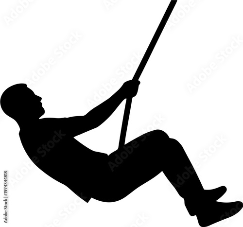 Silhouette of a person swinging on a rope, captured in a dynamic action pose against a white background