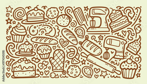 Cute hand drawn baking doodle set featuring mixers rolling pin oven mitt and cakes in vector line art style