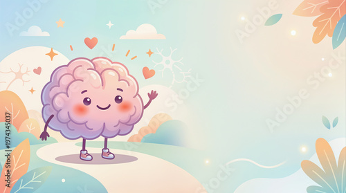 Cute Brain Mascot with Copy Space for Mental Health and Education Design