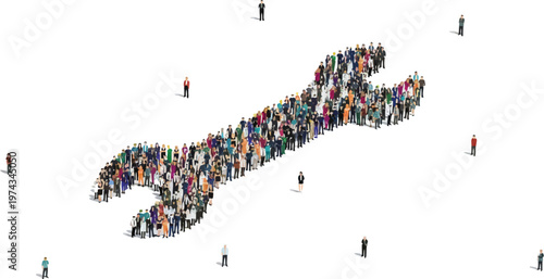 A diverse crowd of people forming a large human shape on a white background