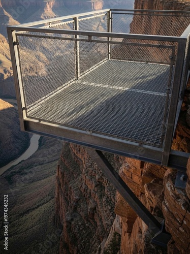 Observation deck extending over canyon with scenic view below  