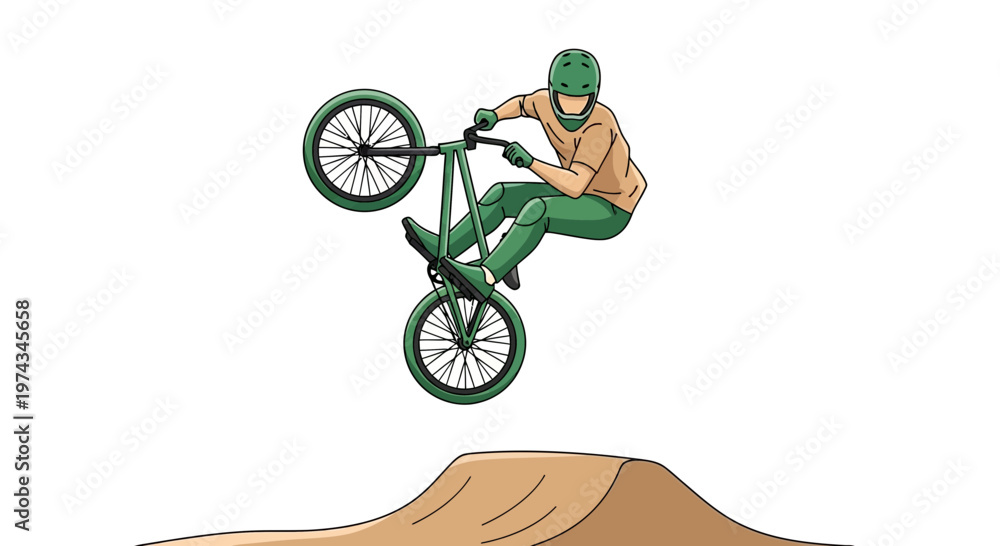 Fototapeta premium Dynamic Bmx Rider Performs Aerial Stunt Over Dirt Ramp
