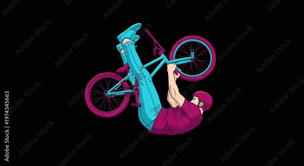 Naklejka premium Dynamic Bmx Rider Performs Aerial Bicycle Trick Against Black Background