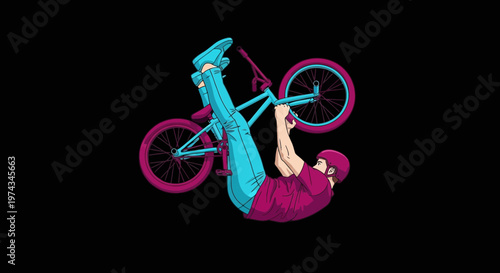 Dynamic Bmx Rider Performs Aerial Bicycle Trick Against Black Background