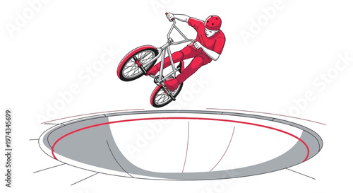 Dynamic BMX Rider Soaring Above Skatepark Bowl With Red Accents
