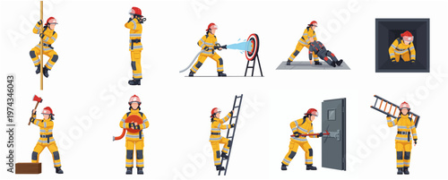 Flat Style Detailed Firefighter Actions Poses and Equipment Character Illustration