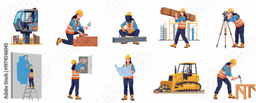 Flat Style Detailed Builder and Construction Worker with Different Job Illustration