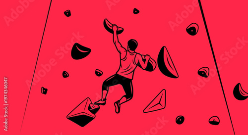 Dynamic Bouldering Athlete Ascending Textured Wall With Grips