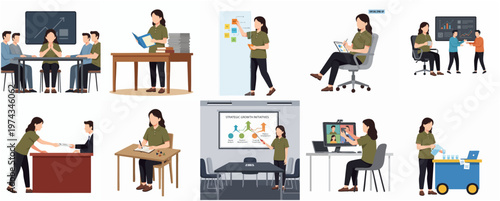 Flat Style Detailed Woman in Various Office and Business Scenarios Illustration