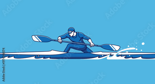 Dynamic Canoeist Paddles Through Water Waves Action