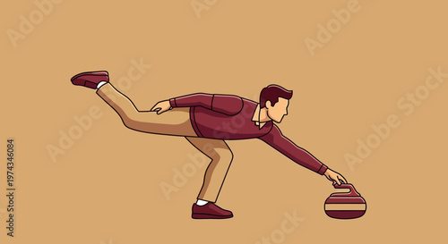 Dynamic Cartoon Athlete Delivering Curling Stone with Precision and Grace