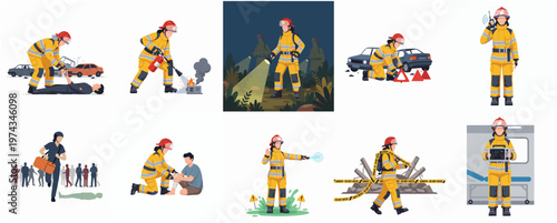Detailed Flat Illustration of Female Firefighter in Various Rescue and Emergency Situation