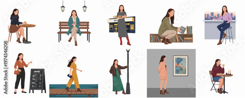 Flat Style Different Activity Woman Character People Illustration Set