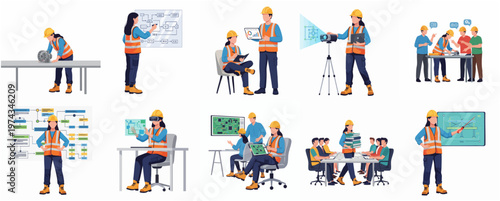 Diverse Cartoon Illustration of Engineer in Various Working Environment and Situations