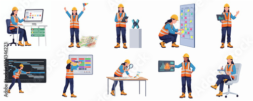 Flat Design Diverse Female Construction Worker in Various Poses Character Set