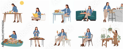 Flat Style Full Body Woman Various Activities and Locations Illustration