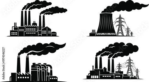 Industrial, factory, plant, silhouette, set, with, smoke, stacks, power, station, nuclear, cooling, tower, energy, generation, pollution, manufacturing, facility, icons, collection