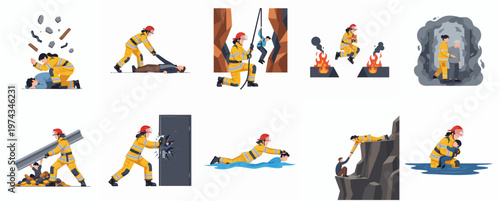Detailed Flat Design Set of Firefighter Rescue Operation and Saving Lives Icons