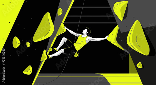 Dynamic Climber Ascends Abstract Wall With Neon Grips