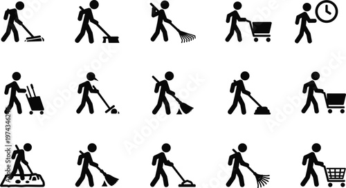 Collection of black silhouettes showing people cleaning with brooms rakes and mops and shopping with carts for commercial graphic design.