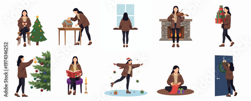 Stylized Various Christmas Activity Poses of Woman Celebrating at Home Illustration