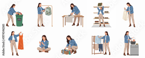 Flat Style Woman Performing Various Home Activities and Routine Illustration