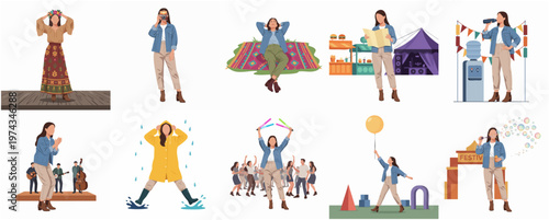 Diverse Lifestyle of Modern Woman in Various Activities and Locations Illustration