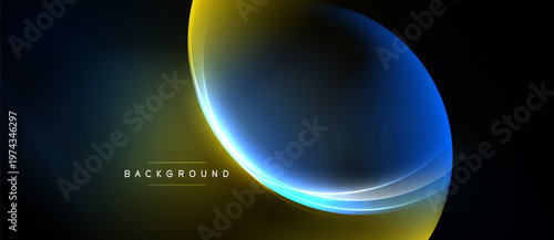 Abstract design features vibrant blue, yellow gradients. Smooth curves create dynamic visual effect against dark backdrop. Minimalist style.
