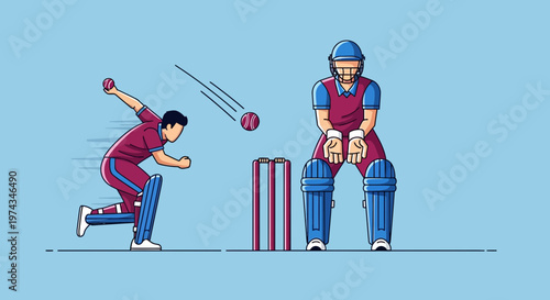 Dynamic Cricket Action Scene with Bowler and Wicketkeeper