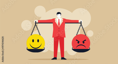 Businessman in a red suit holding a balance scale with a happy yellow face and an angry red face for emotional stability.