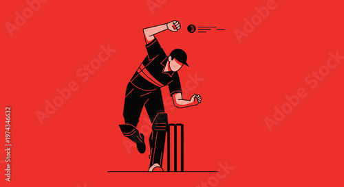 Dynamic Cricket Player in Action Minimalist Illustration Bold Red Background