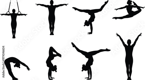 Black, silhouette, set, of, gymnasts, and, acrobats, performing, athletic, poses, jumps, and, handstands, isolated, on, white, background, vector, illustration, collection.