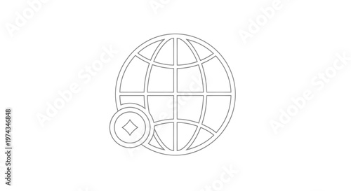 Simple line art illustration of a globe with a small sparkling star symbol representing global connections international networks and worldwide reach.