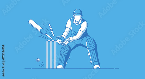Dynamic Cricket Wicket Keeper Action Shot Minimalist Blue Tone Style
