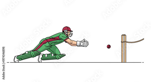 Dynamic Cricket Wicket Keeper Diving To Catch The Ball Action Illustration
