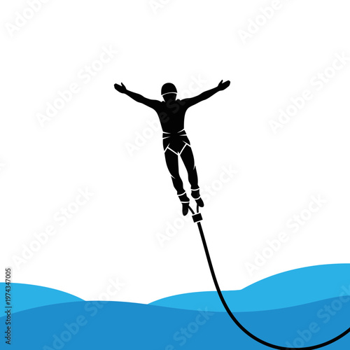Dynamic Bungee Jumper Silhouette Against Blue Abstract Waves For Extreme Sports