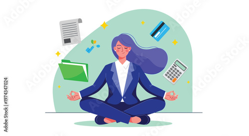 Businesswoman in blue suit meditating in lotus position with floating icons of documents calculator folder and credit card for stress management.