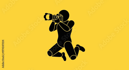 Dynamic Crouching Photographer Capturing a Moment